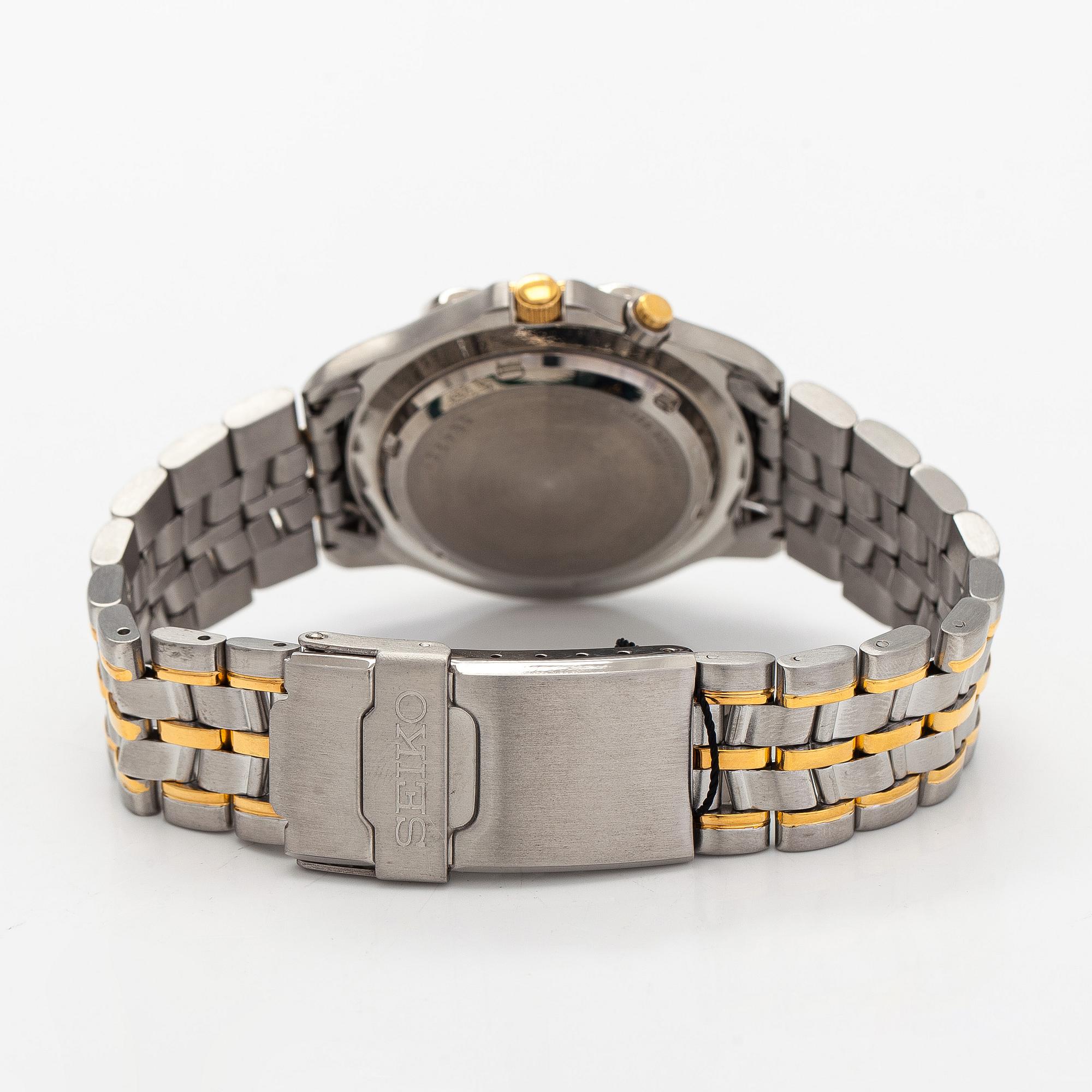 Seiko Kinetic wristwatch, 40 mm, gold / steel, plastic crystal, 1990s.