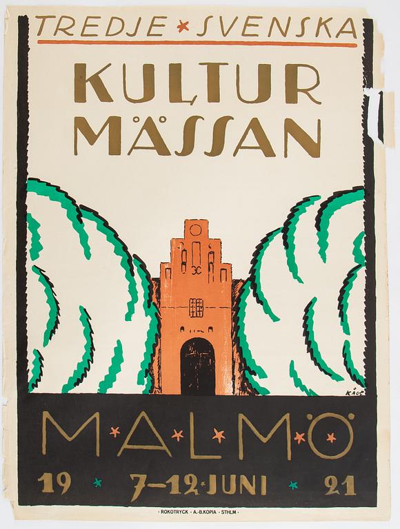 Wilhelm Kåge, litografisk affisch, "Kulturmässan Malmö", Rokotryck, A.-B. Kopia, Sthlm, 1921.