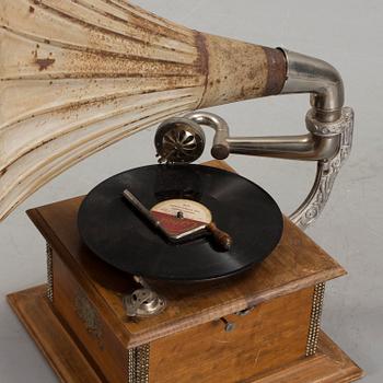 A funnel gramophone, early 20th century.