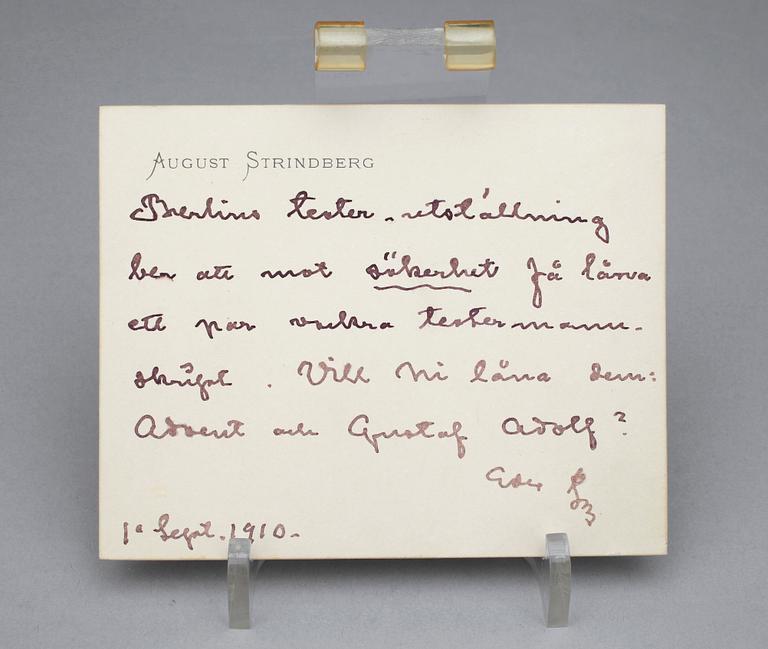 AUGUST STRINDBERG, brevhälsning samt brevkort, egenhändigt författade, 1889 samt 1910.