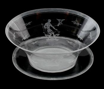 SKÅL PÅ FAT, glas, Edward Hald, Orrefors, daterad 1934.