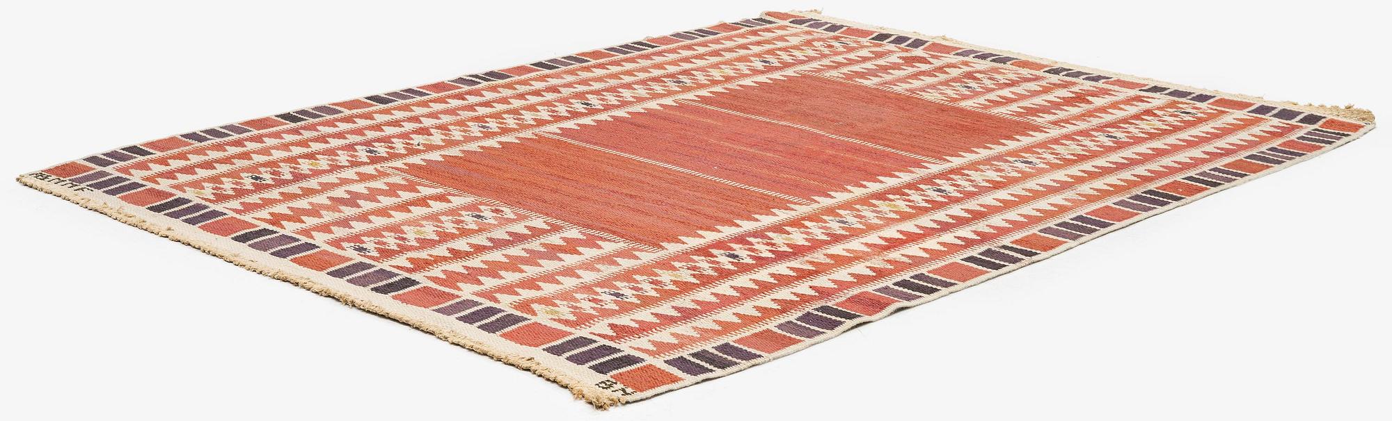 Barbro Nilsson, a carpet, 'Salerno röd', flat weave, c. 214 x 158 cm, signed AB MMF BN.