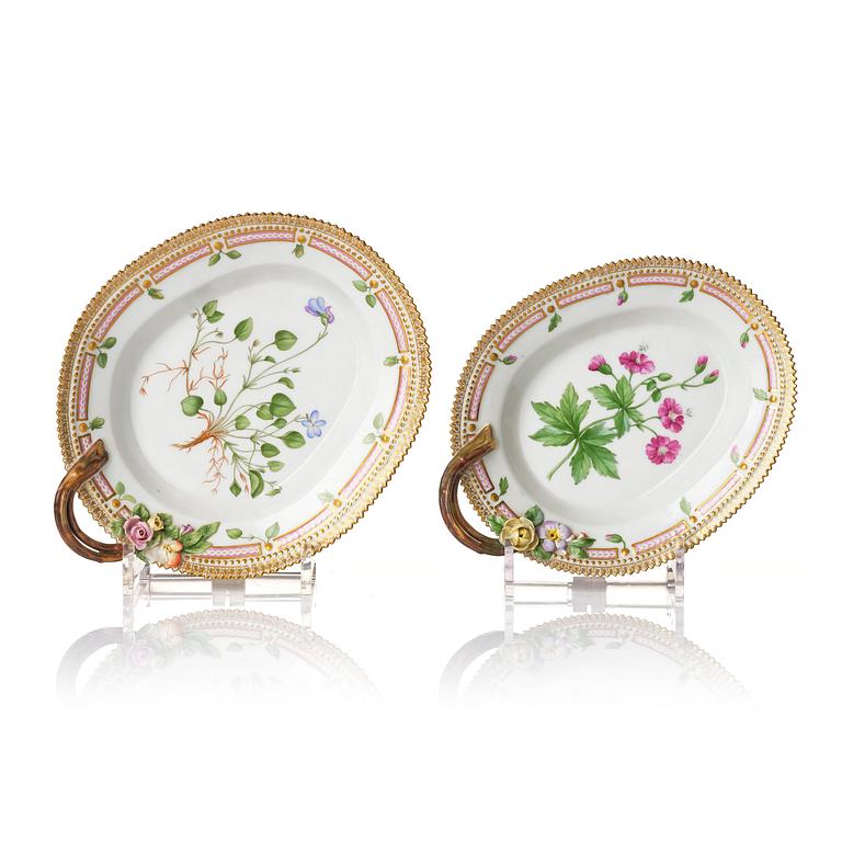 Two Royal Copenhagen 'Flora Danica' leaf shaped dishes, Denmark, 20th century.