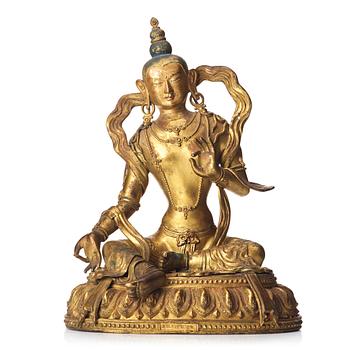 652. A gilt copper alloy figure of Boddhisattva, Tibeto-chinese, 18th Century, marked Da Qing Qianlong Nian jingzao.