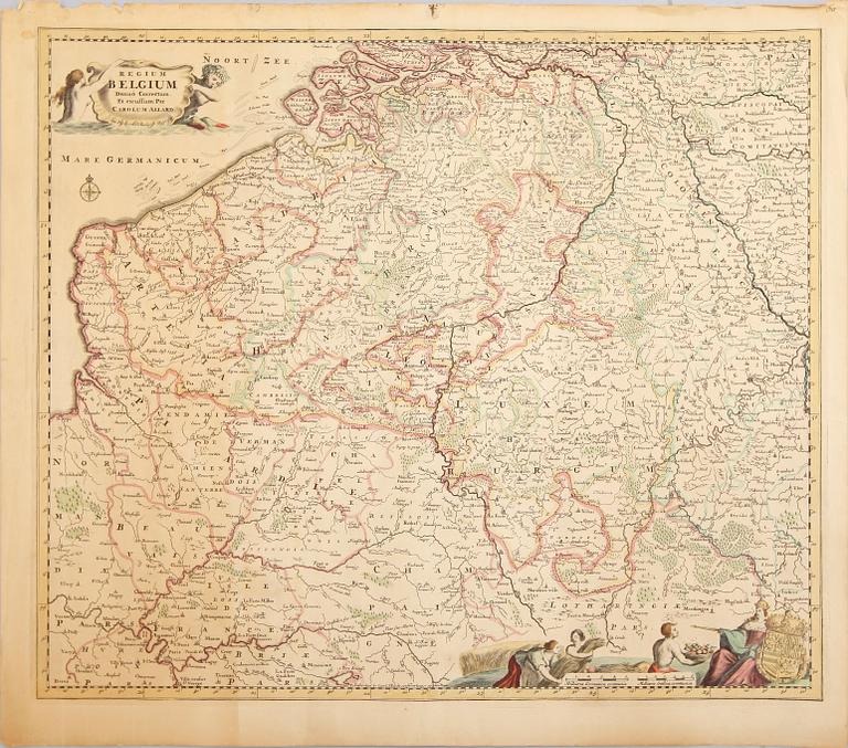 KARTOR, 3 st, kolorerade kopparstick, Belgien, 1700-tal.
