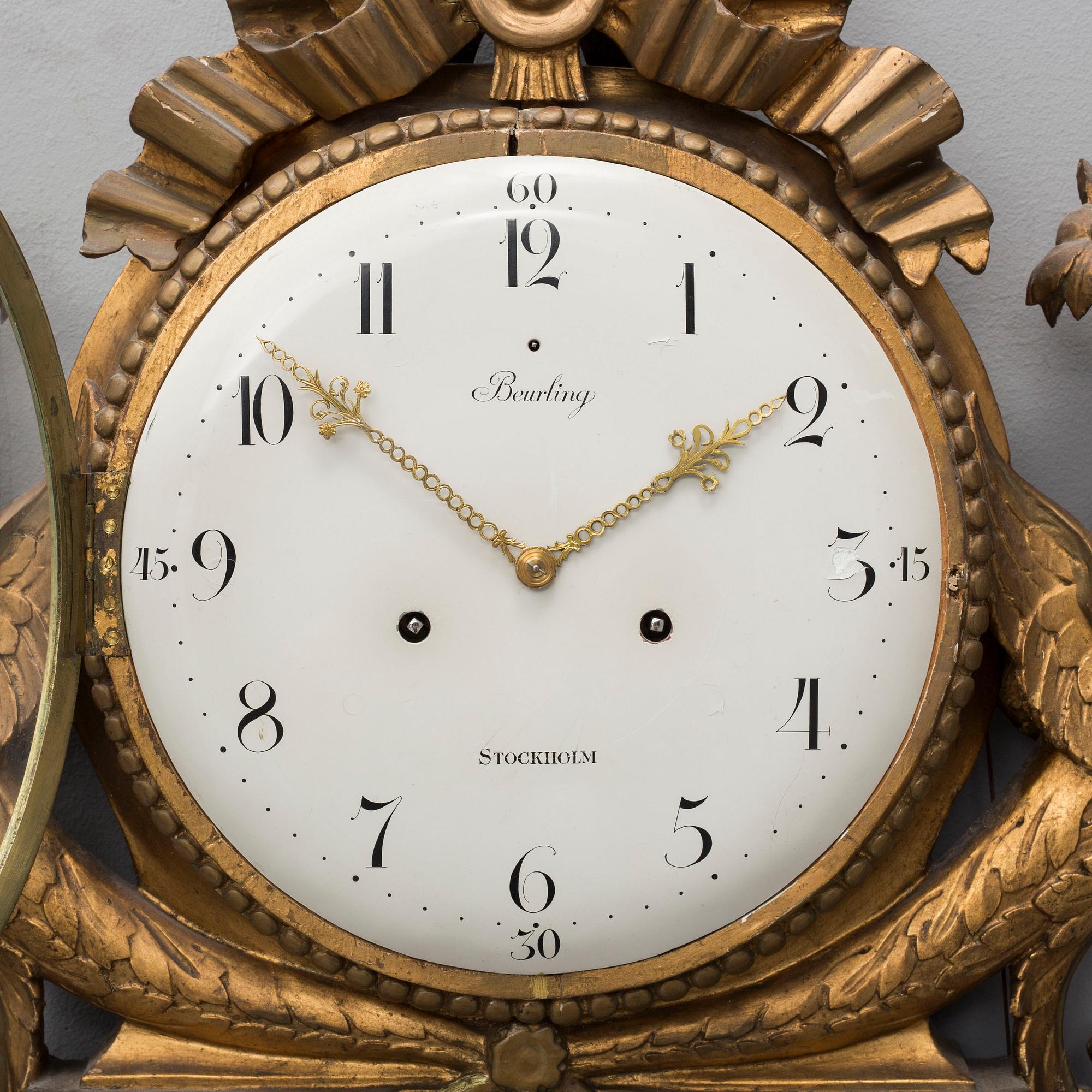 A late gustavian wall clock, signed Beurling, Stockholm. Late 18th / early 19th century.