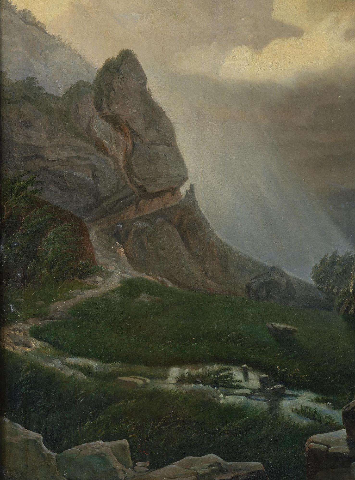 Okänd konstnär, 1800-tal, Oväderslandskap med herdinna och får.