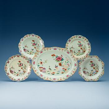 1587. A famille rose dish and four dinner plates, Qing dynasty, Qianlong (1736-95).