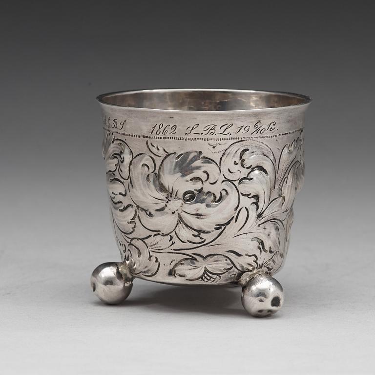 A Swedish late 17th century beaker, marked Stockholm 1693, unidentified makers mark.