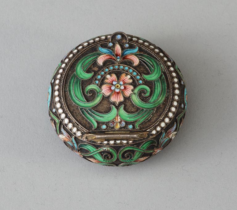 A Russian silver and cloisonné enamel piller-box, unidentified maker, Moscow 1896-1908.