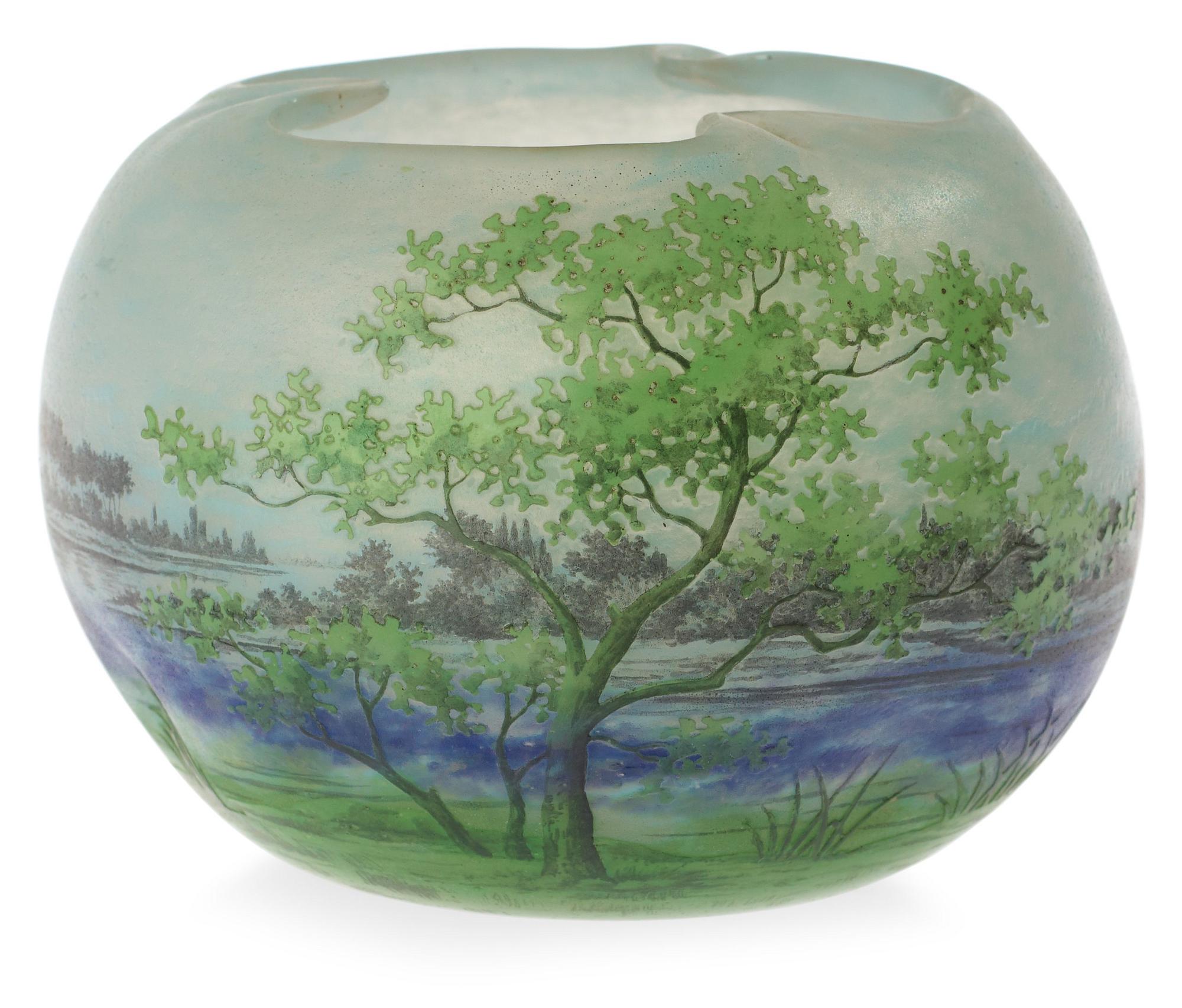 A Daum Art Nouveau enamel painted cameo glass bowl, Nancy France ca 1900.