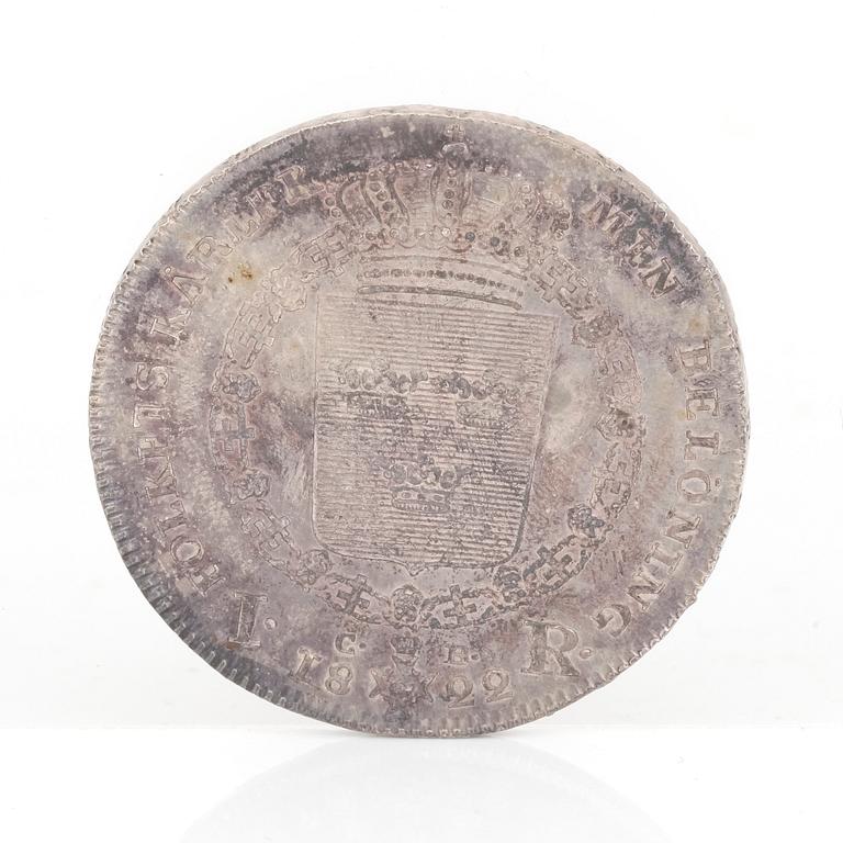 SILVERMYNT, 1 Riksdaler, Karl XIV Johan av Sverige o Norge 1822. Vikt ca 29 gram.