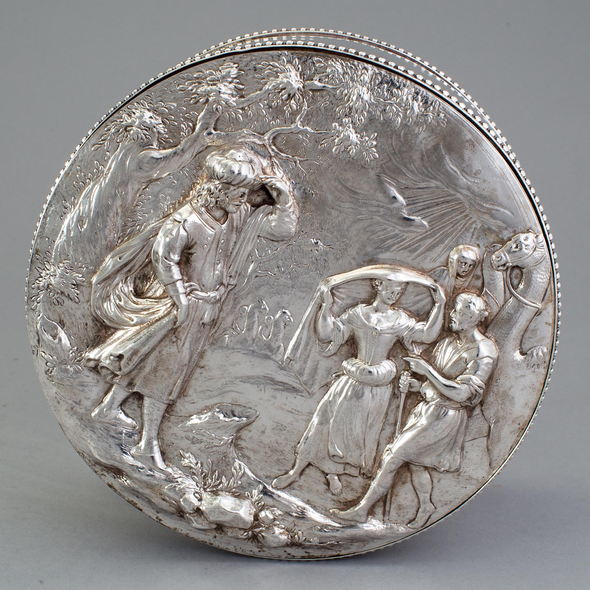 A Swedish 17th century silver plaquette, unmarked, on box marked Gustaf Henrik Sidwall, Norrkoping 1793.