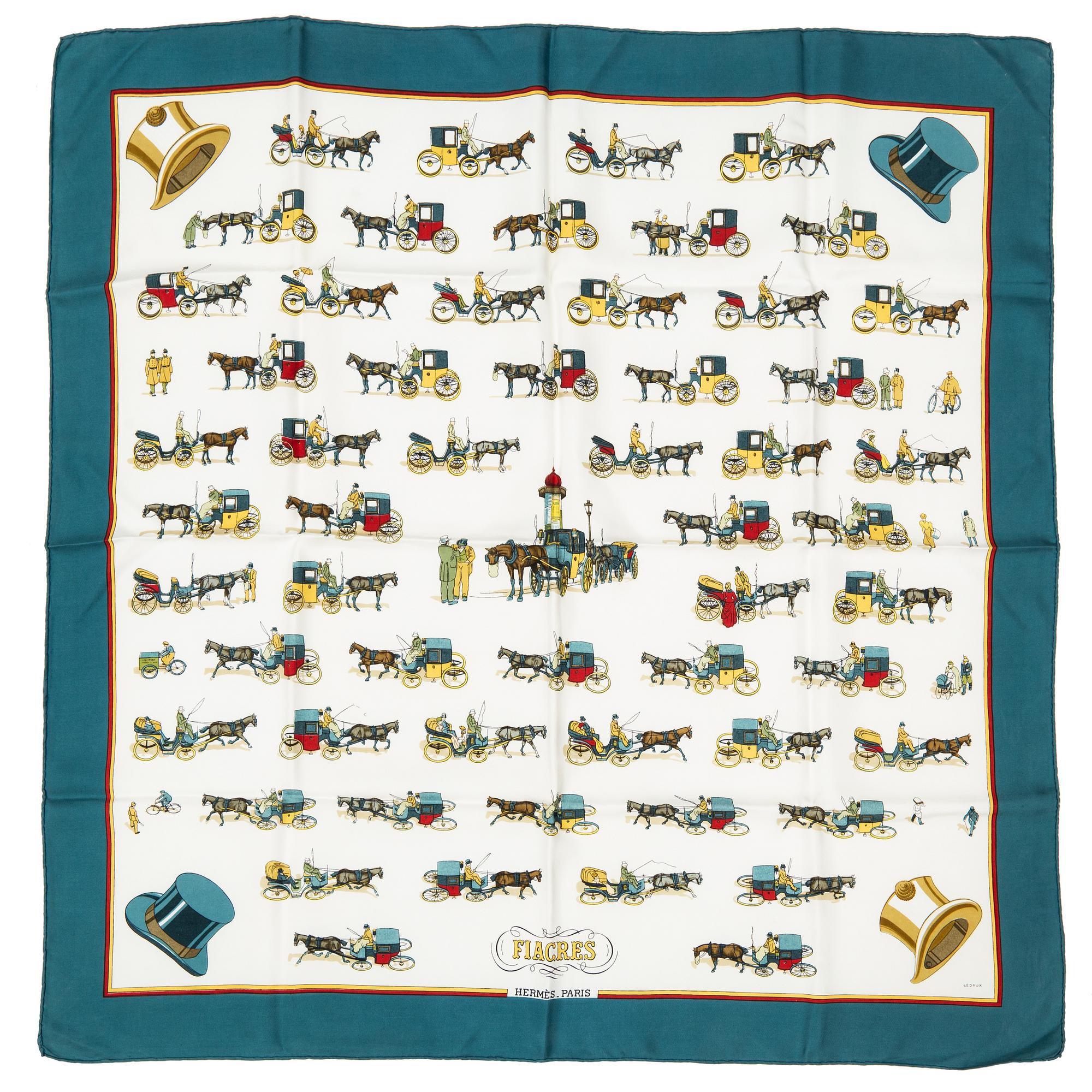 HERMÈS, scarf, "Les Fiacres", Philippe LeDoux, original and unique edition 1965.