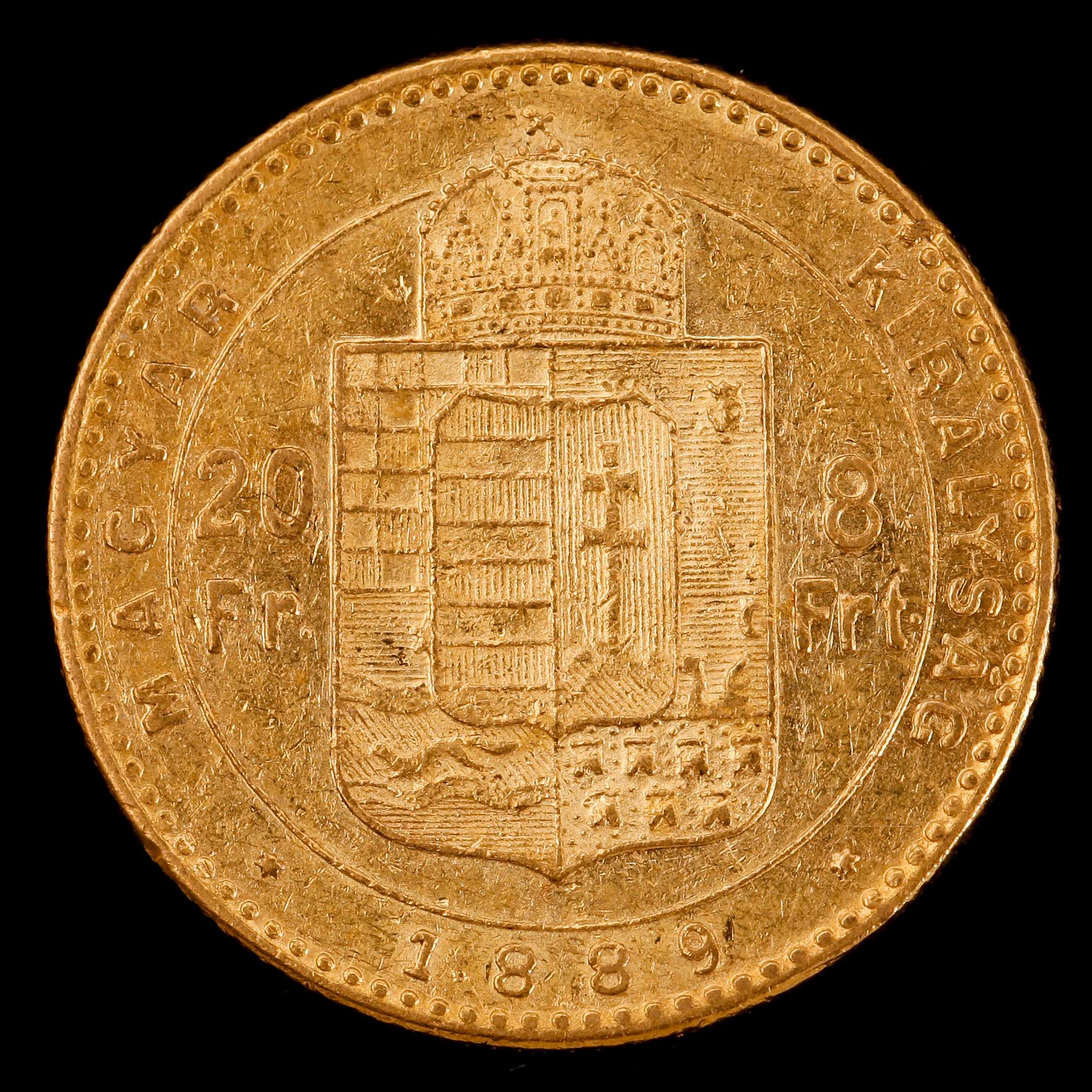 GULDMYNT, 20 fr, Ferencz Jozef, Ungern, 1889. Vikt ca 6 g.