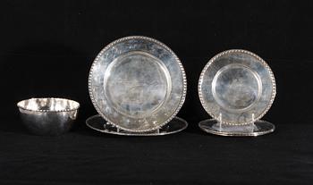 TALLRIKAR SAMT SKÅL, 6 delar, silver, flertalet K. Andersson. 1900-talets första hälft.