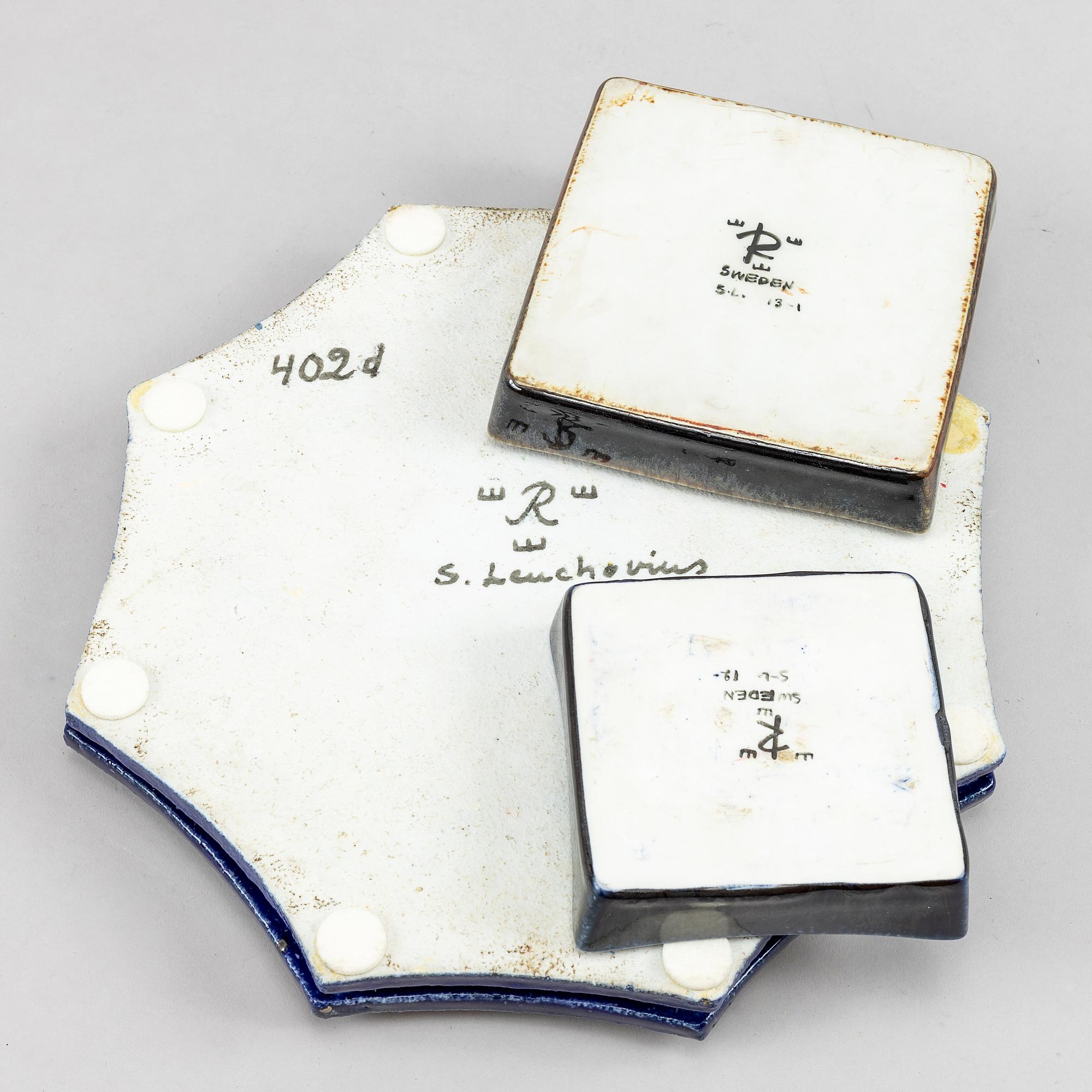 Sylvia Leuchovius, a set of two stoneware candle holders and a dish, Rörstrand.