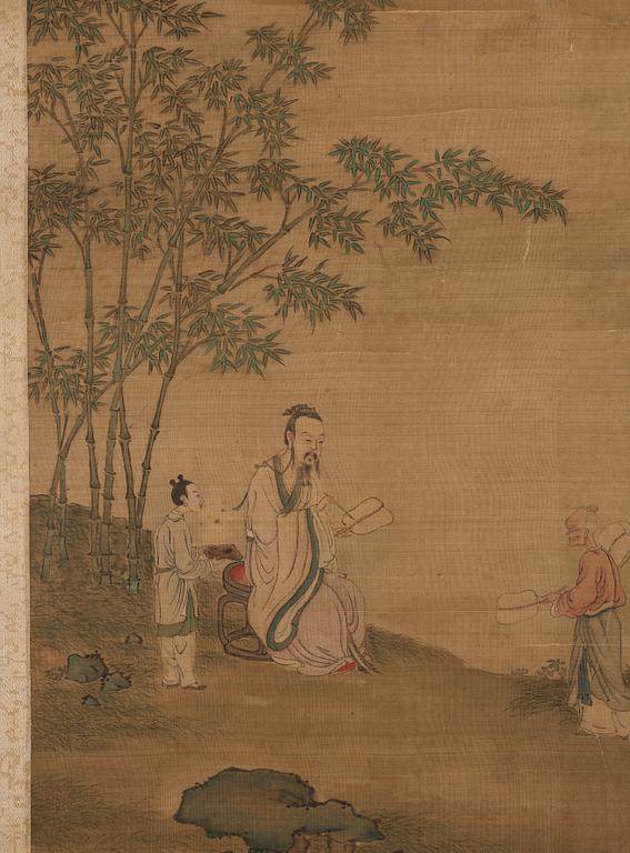 A Chinese scroll painting, ink and colour on silk laid on paper, Qing dynasty, probably 18th Century.