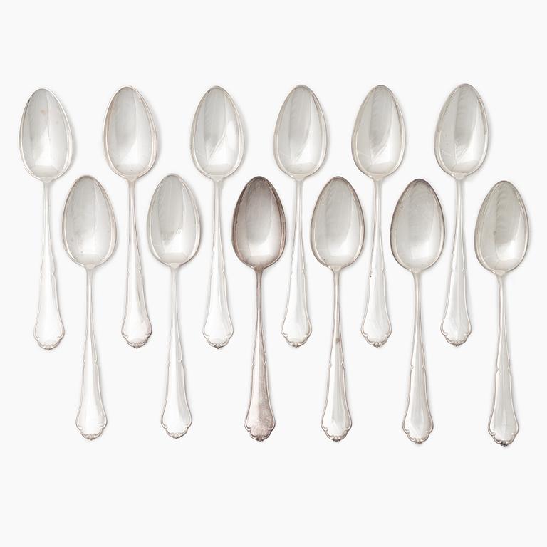 Bordsskedar, 12 st, silver, modell Viktoria, Suomen Kultaseppä Oy, Åbo, Finland 1949.
