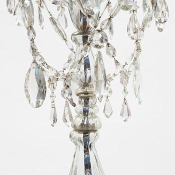 A European glass three-light chandelier, circa 1800.