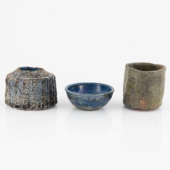 Vases, a pair, and a bowl, raku, circa 2000.