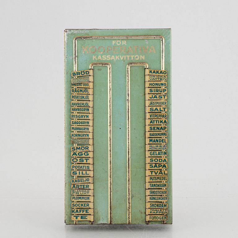 Purchase board, Kooperativa förbundet, AB Hugo Brusewitz Tinware Factory, Gothenburg, 1930s-40s.