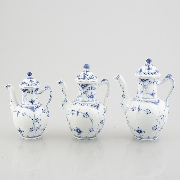 A set of three Royal Copenhagen Musselmalet half lace coffee pots with covers, Denmark, 20th century.