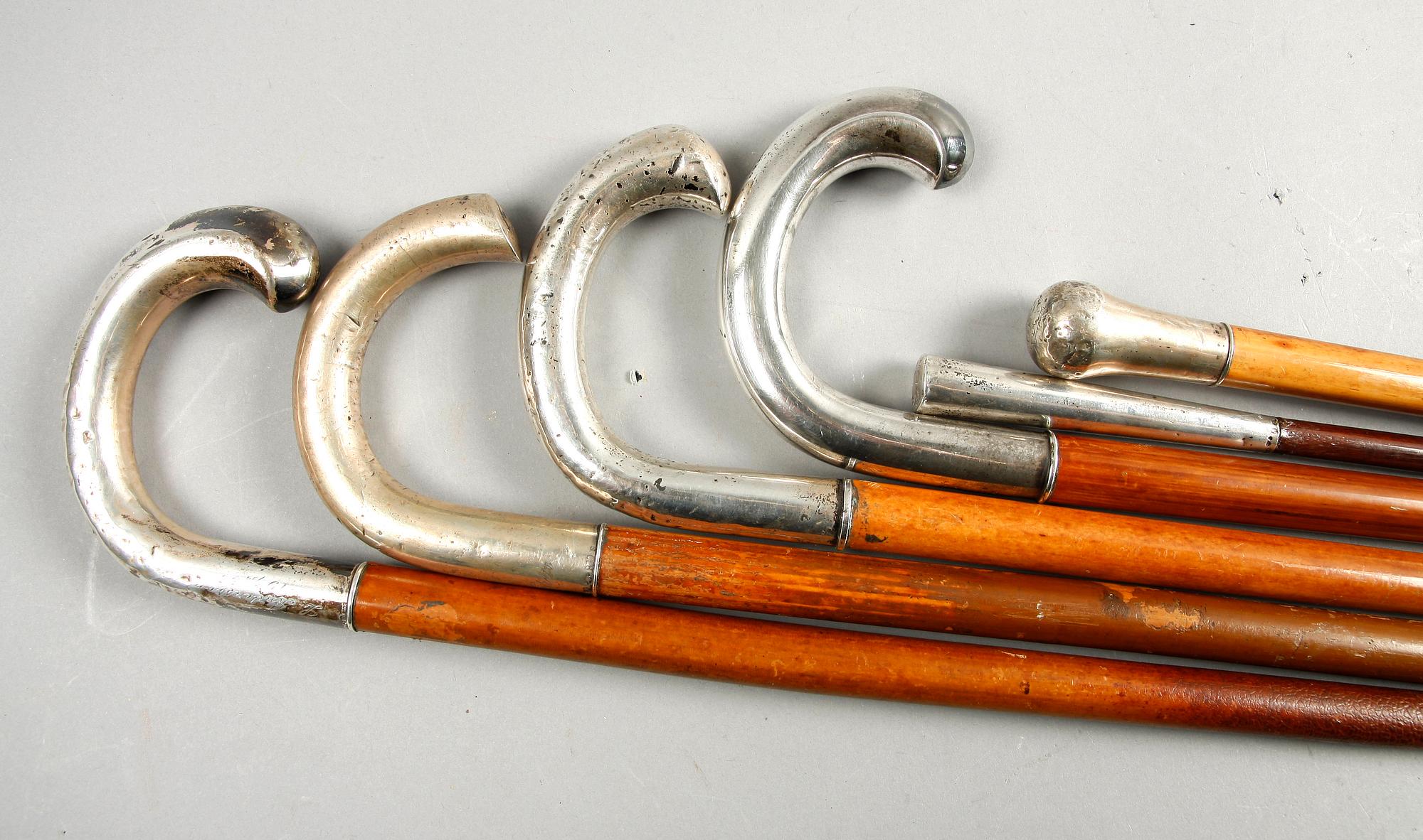 PROMENADKÄPPAR, 6 st. Silverskodda, div mästare. Tidigt 1900-tal.