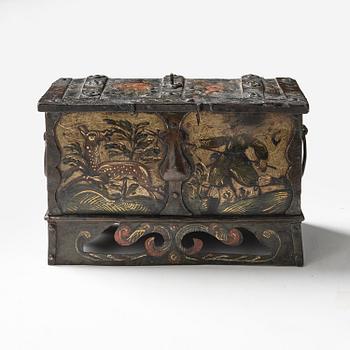 A South German presumably Nuremberg polychrome-painted wrought baroque iron casket, 17th century.