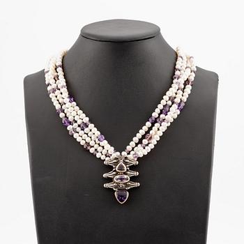 Eileen Coyne, necklace, silver with cultured pearls and amethysts.