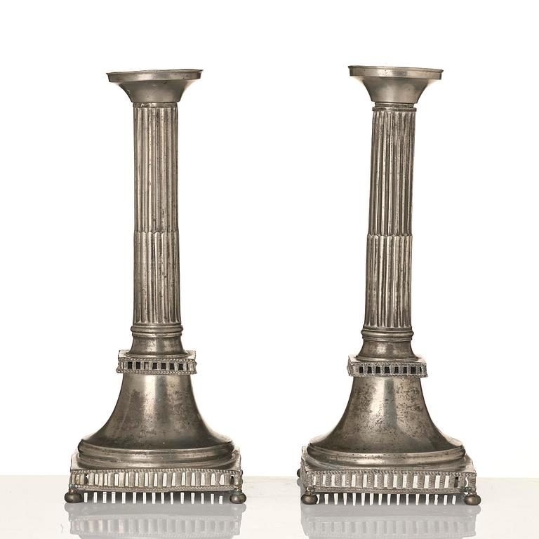 A pair of late Gustyavian pewter candelsticks by N. Justelius, Eksjö  1784-1829.