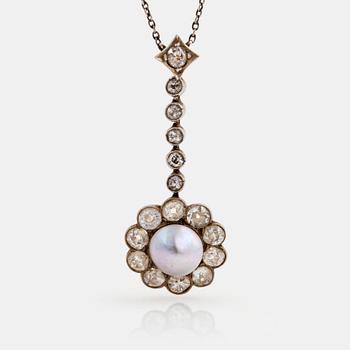 1067. A pearl pendant set with old cut-diamonds.