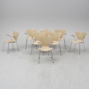 ARNE JACOBSEN, karmstolar, 8 st, "Sjuan", Fritz Hansen, Danmark.