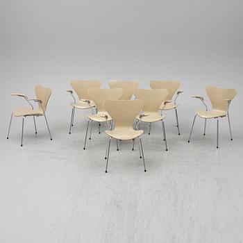 ARNE JACOBSEN, karmstolar, 8 st, "Sjuan", Fritz Hansen, Danmark.