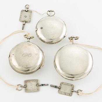 En samling fickur, spindelur, 3 st i silver.