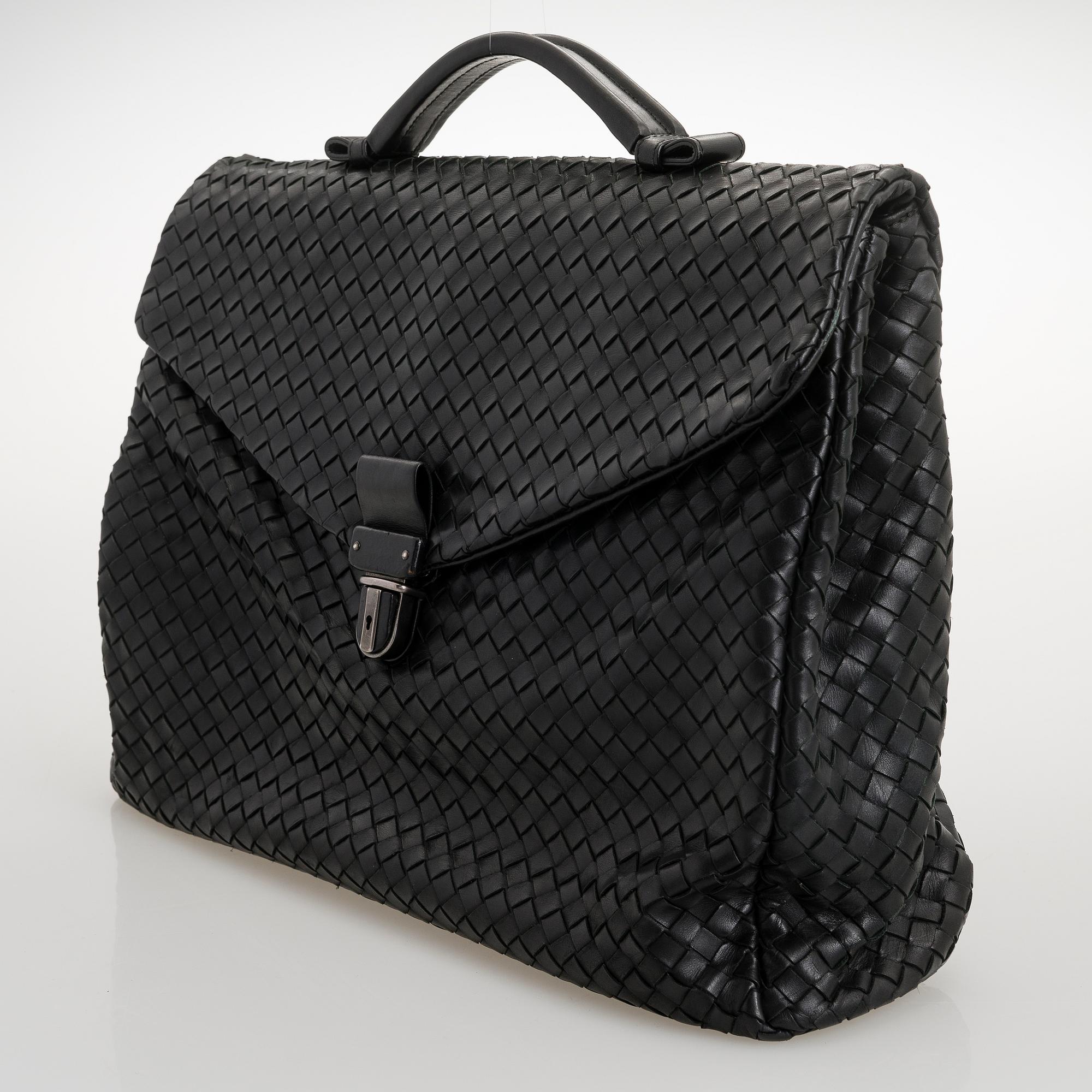 BOTTEGA VENETA Black Intrecciato Leather Briefcase.