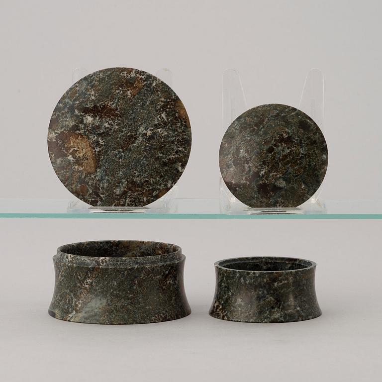 Four Swedish 19th century green marble boxes with covers.