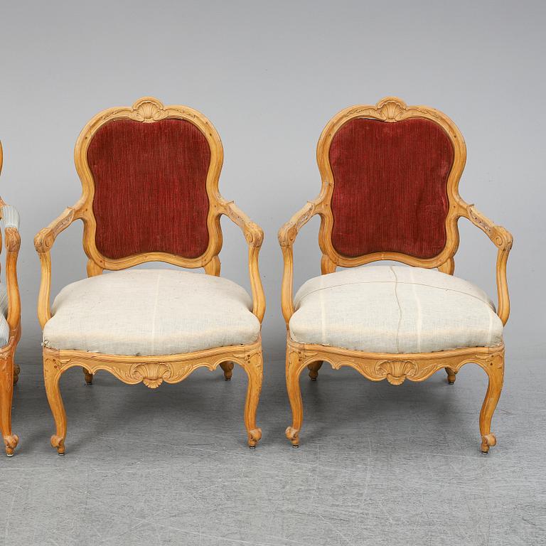 KARMSTOLAR fyra stycken. 1700-tal, Rokoko.