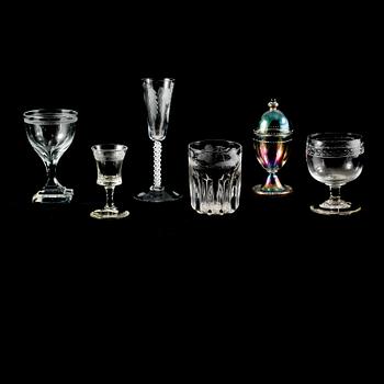 GLAS, 6 st samt LOCKPOKAL, glas, 1700/1800-tal.