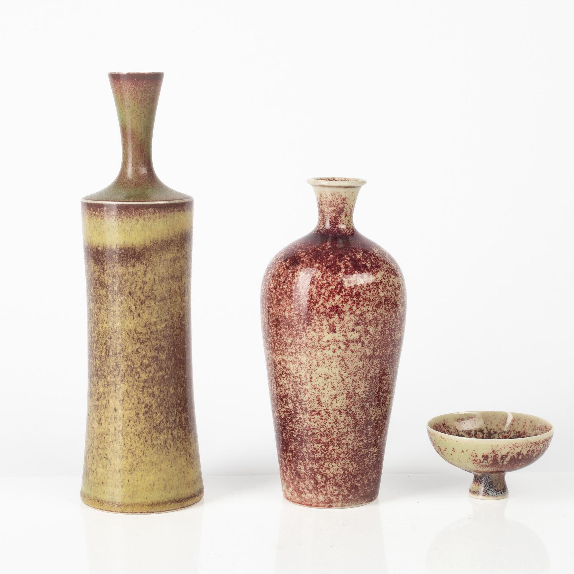 Sven Wejsfelt, vaser, 2 st och skål, stengods, Gustavsbergs Studio 1985.