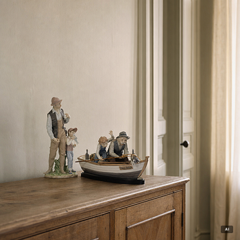 Salvador Furió, figurine, "A fishing lesson", and "A father's pride", Lladró, Spain.