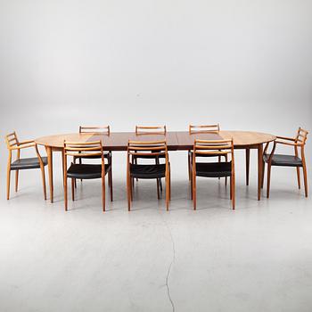 Niels Otto Møller, a rosewood dining table and eight rosewood chairs, Poul Jeppesen & JL Möller, Denmark, 1960's.