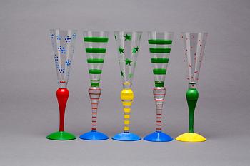 CHAMPAGNESTRUTAR, 5 st, glas, "Clown", Anne Nilsson, Orrefors.