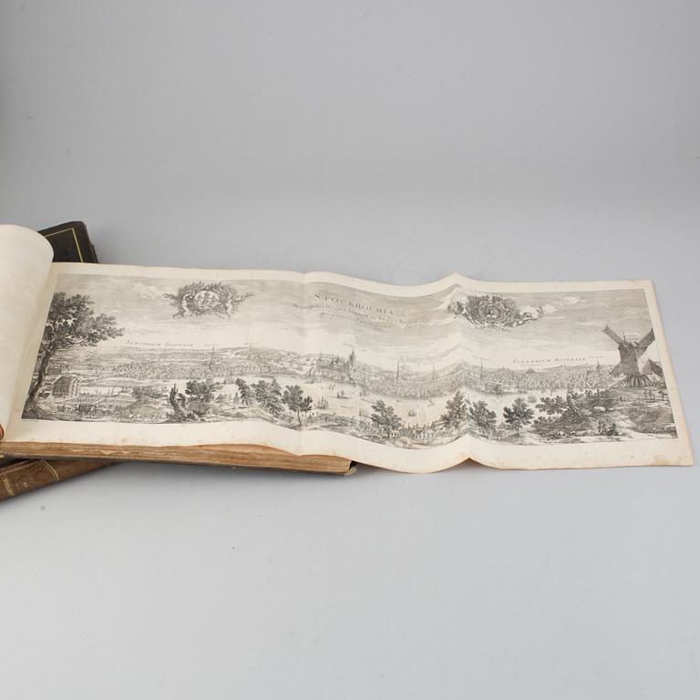 Two volumes of E Dahlbergs Suecia Antiqua & Holdierna, P Ad Huldbergs, Bokhandel, Bazaren & Norrbro.