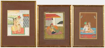 Unidentified artist, Erotic scenes, India, 20th century. Three pieces.
