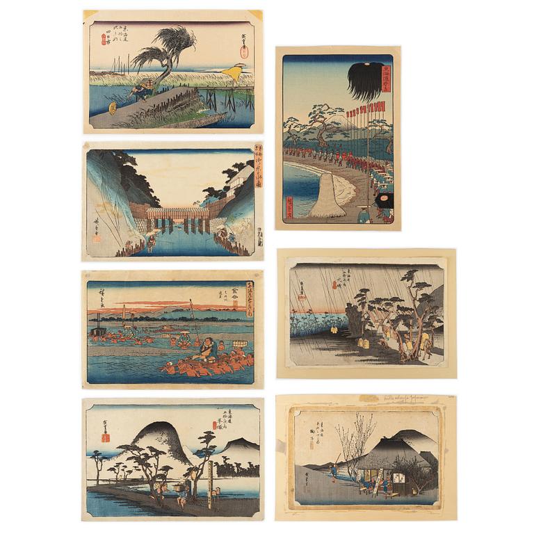 Utagawa Hiroshige II, after, seven woodblock prints.