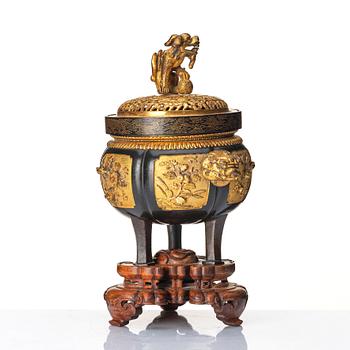 A gilt copper alloy censer with pierced cover, late Ming dynasty / early Qing dynasty.