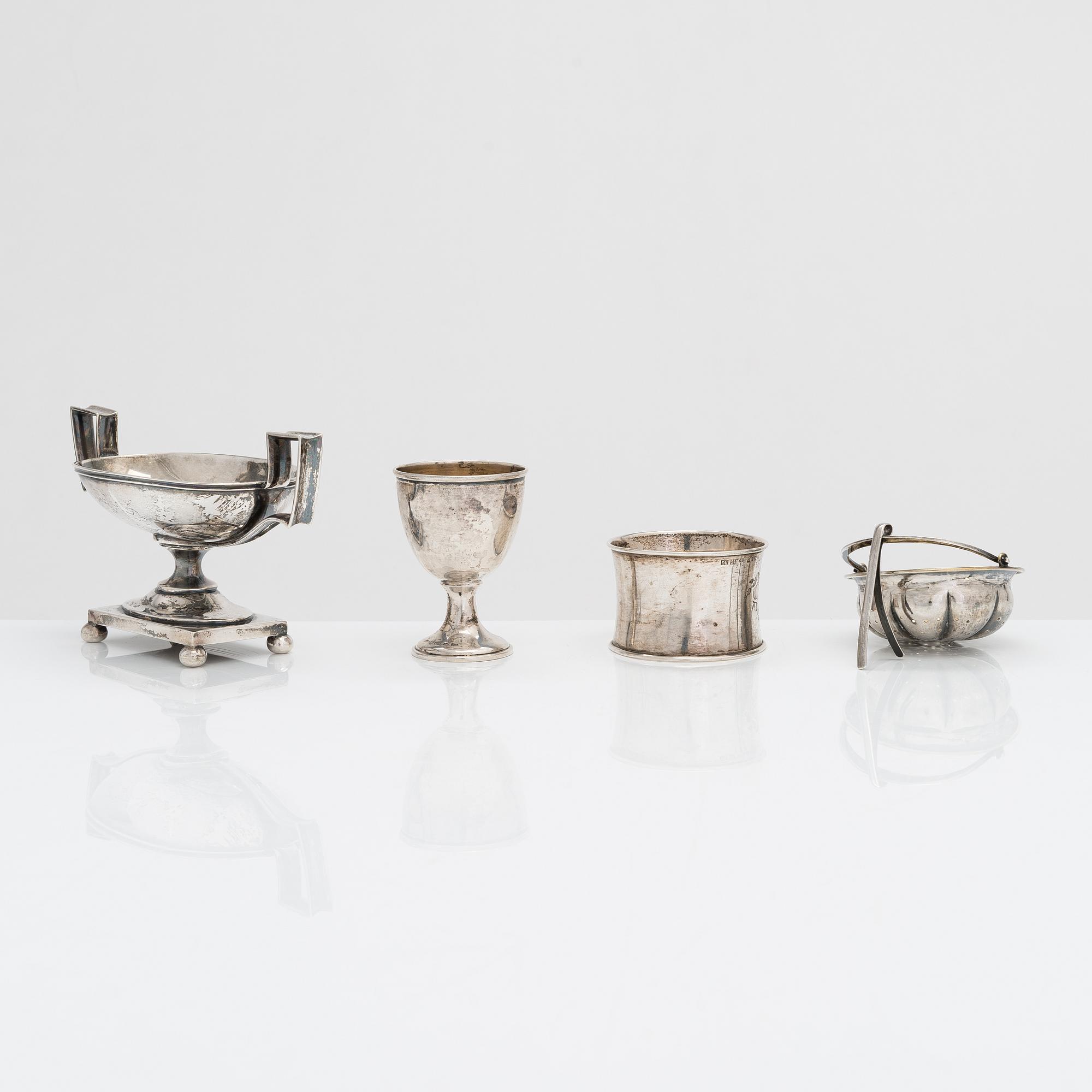Four Finnish silver tableware objects, maker's marks of Viktor Aarne, O.R. Mellin, and others, 1861-1930.