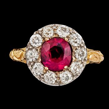 880. A untreated Burmese ruby, 1.03 ct and diamonds, total carat weight circa, 0.80 ct, ring.