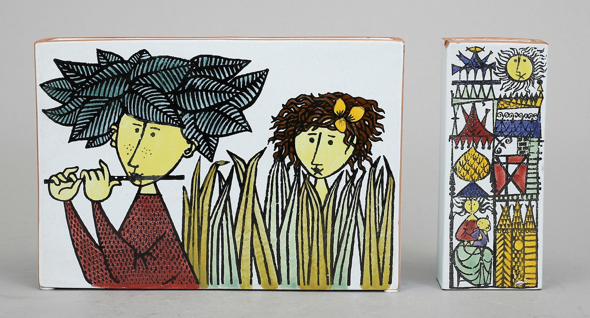 VASER, 2 st, och FAT, "Karneval", Stig Lindberg, Gustavsberg studio, fajans. I produktion 1958-1962.
